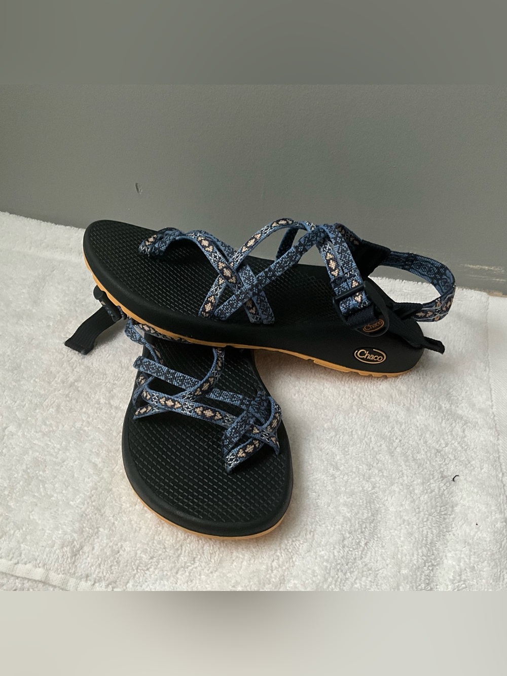 Chaco Women's Navy Blue Patterned Strap Sandals with Tan Outsole